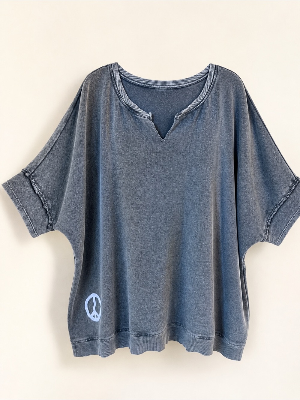 True Craft Washed Black Short-Sleeve Hoodie Tee with Peace Sign